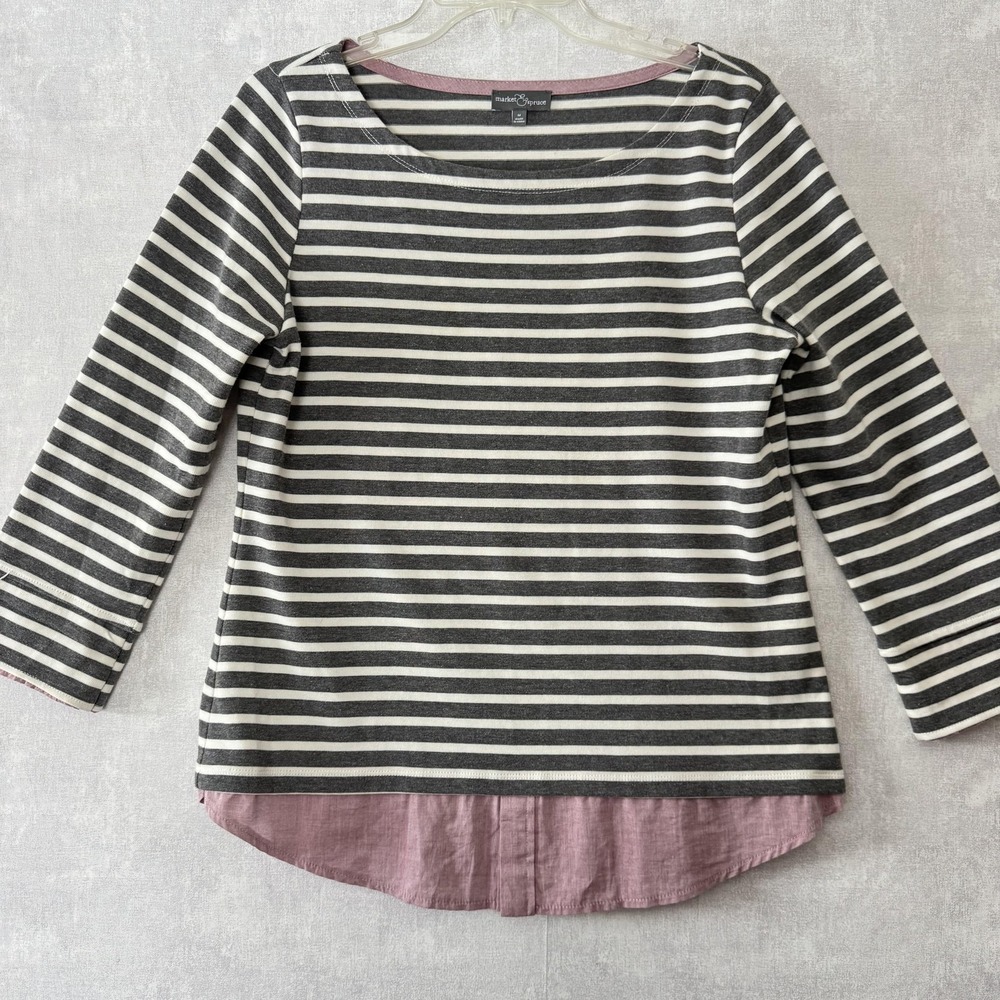 Market & Spruce Shirt Womens Medium Gray Stripe Pink Layered‎ Hem 3/4 Sleeve Top
